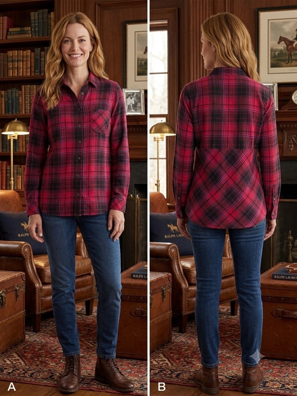 J Jill Women's Red and Black Plaid Button-Front Shirt